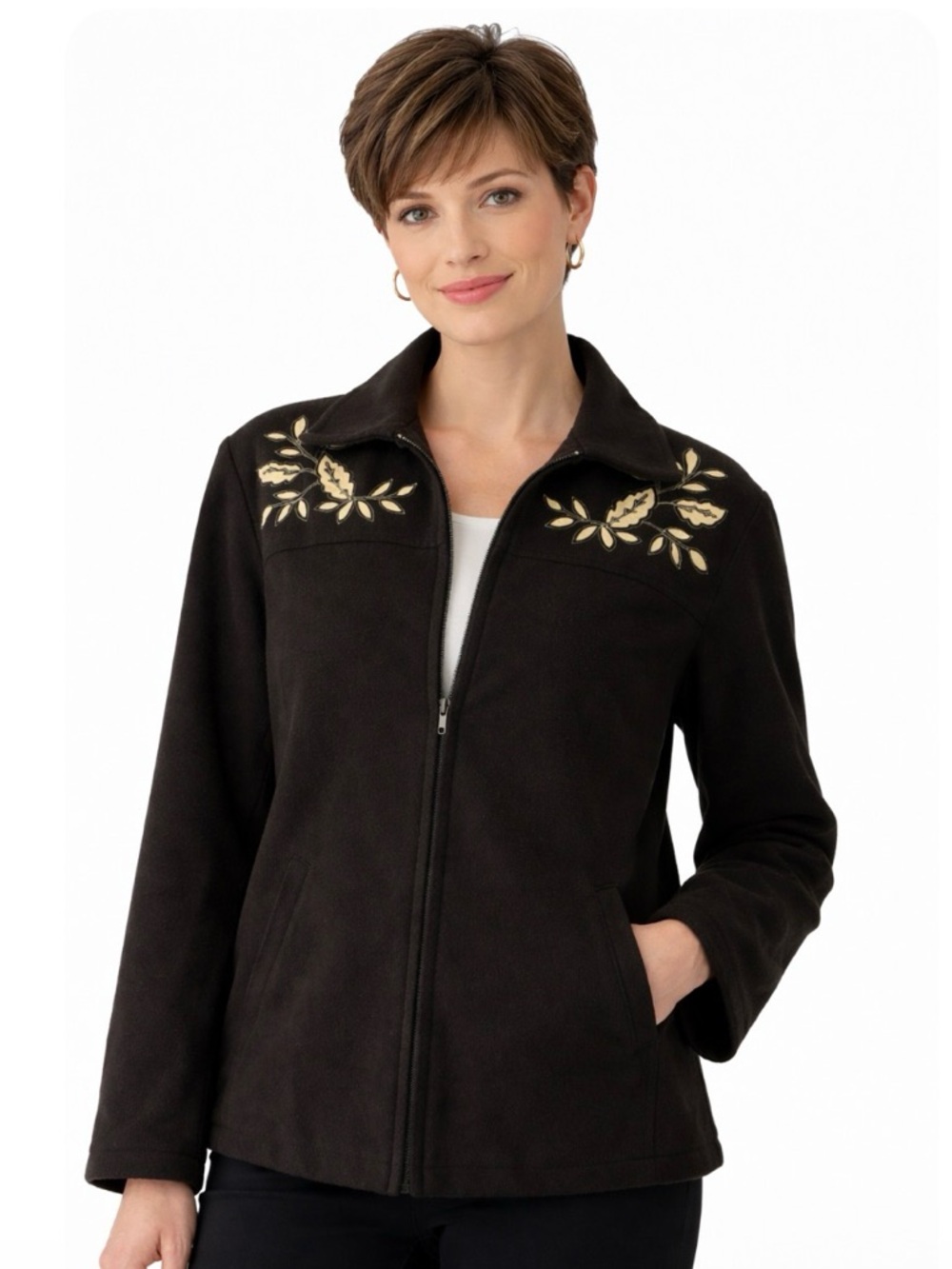 Two Star Dog Black Wool Zip Up Jacket Cut Out Ivory Flowers Women’s Size M